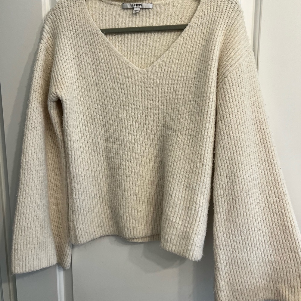 Cozy Guess Cream V-Neck Sweater with Flared Sleeves